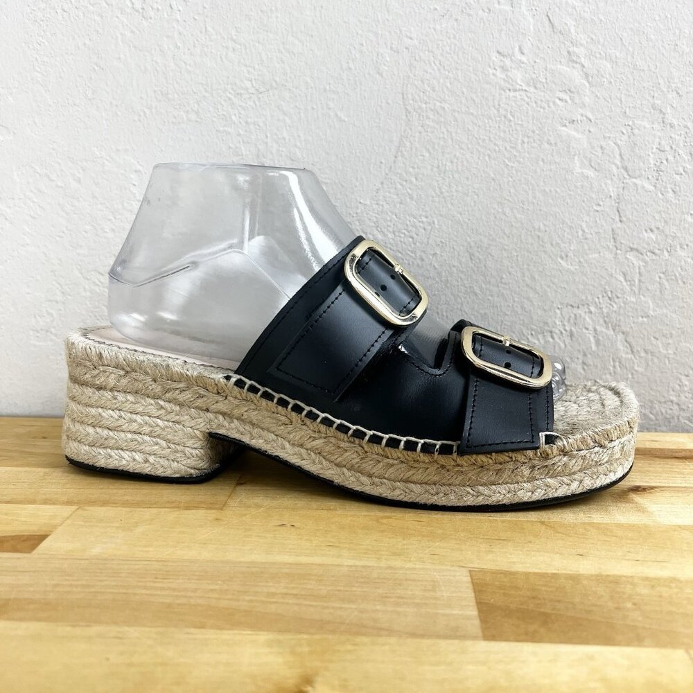 J. Crew Black Leather Espadrille Slide Sandals with Gold Buckles